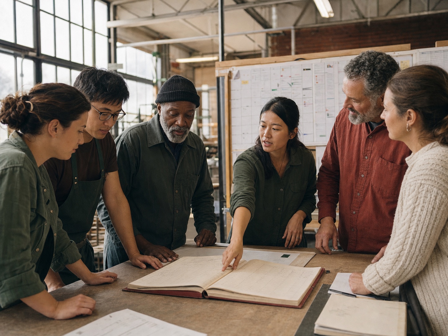 Employees in a Bay Area workshop reviewing an ownership ledger together