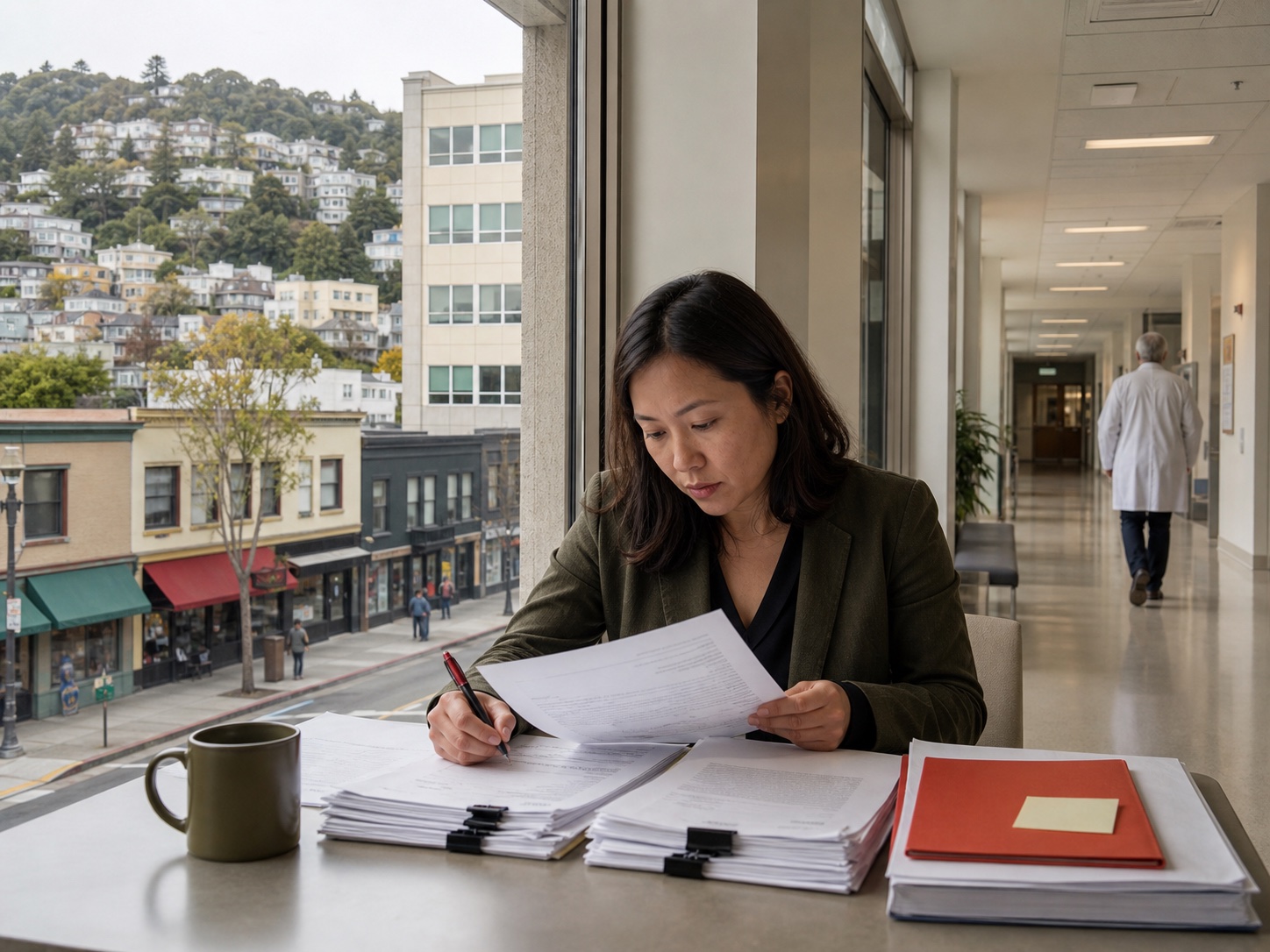 An analyst reviewing public records beside a Bay Area community hospital