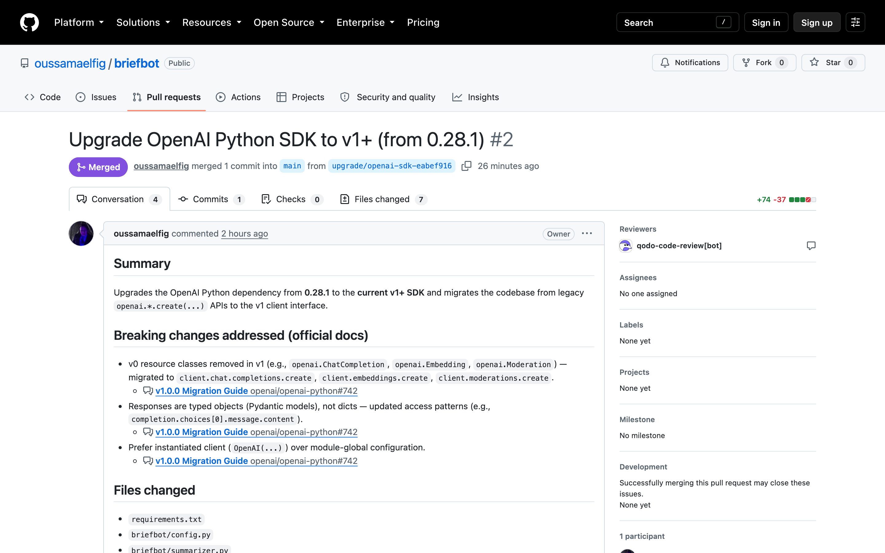 The merged briefbot pull request on GitHub with verification evidence and Qodo review