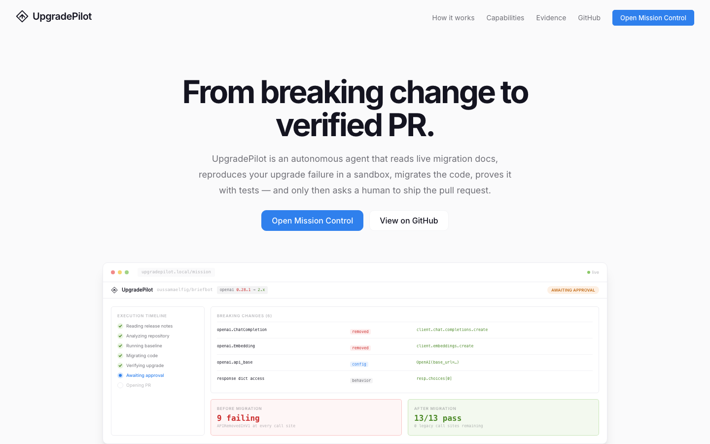 UpgradePilot landing page showing the headline From breaking change to verified PR